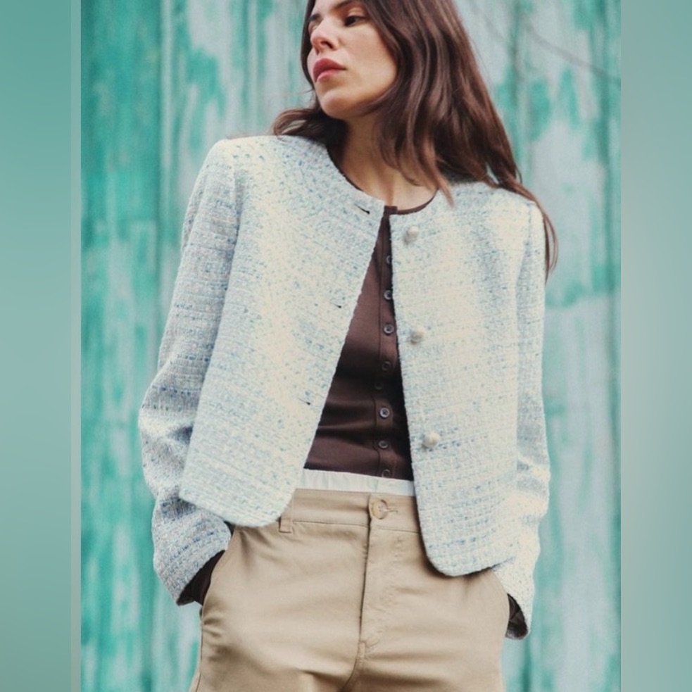 Zara Crop Tweed Button Up Lined Blazer Jacket Medium Nwot